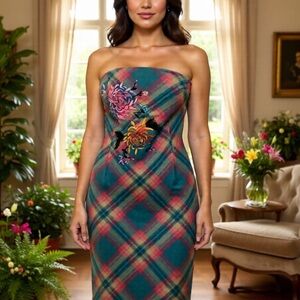 BCBGMaxAzria Strapless Plaid Wool Dress with Floral Beaded Accents Size 4-6